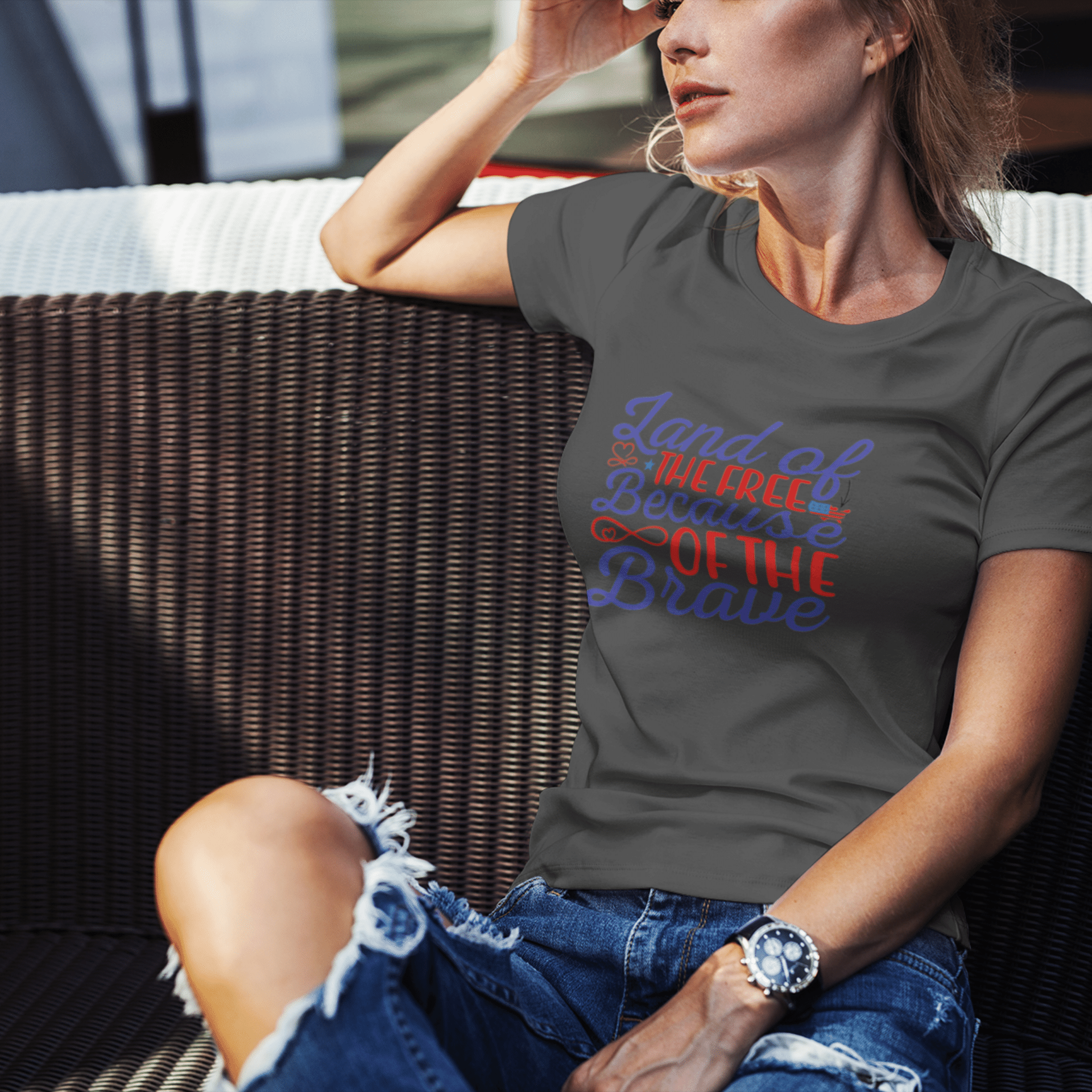 Land Of The Free Because Of The Brave Womens tee grey