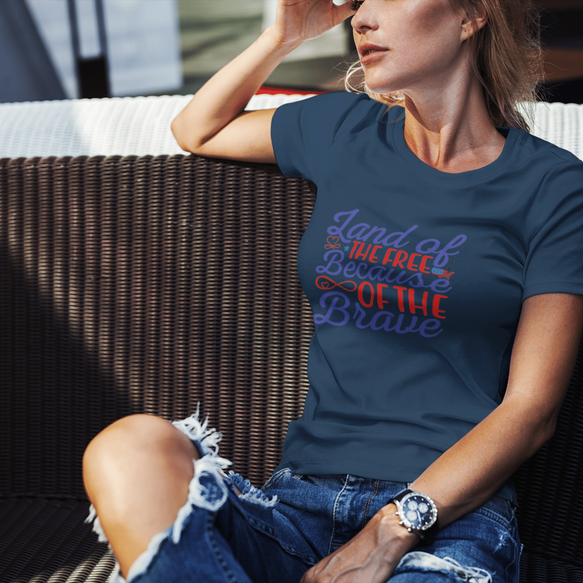 Land Of The Free Because Of The Brave Womens tee navy