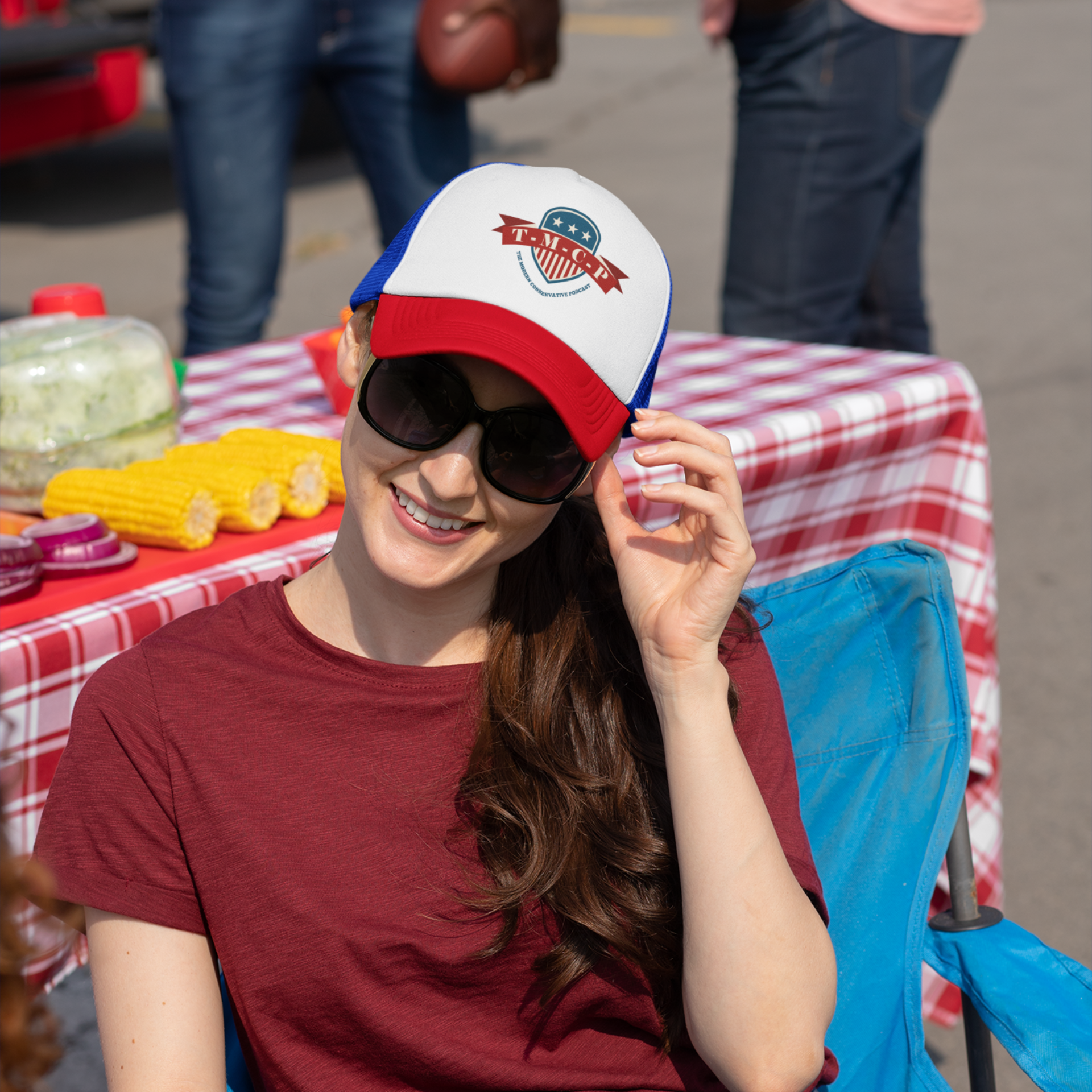 The Modern Conservative Podcast Truck Hat woman outside red white blue