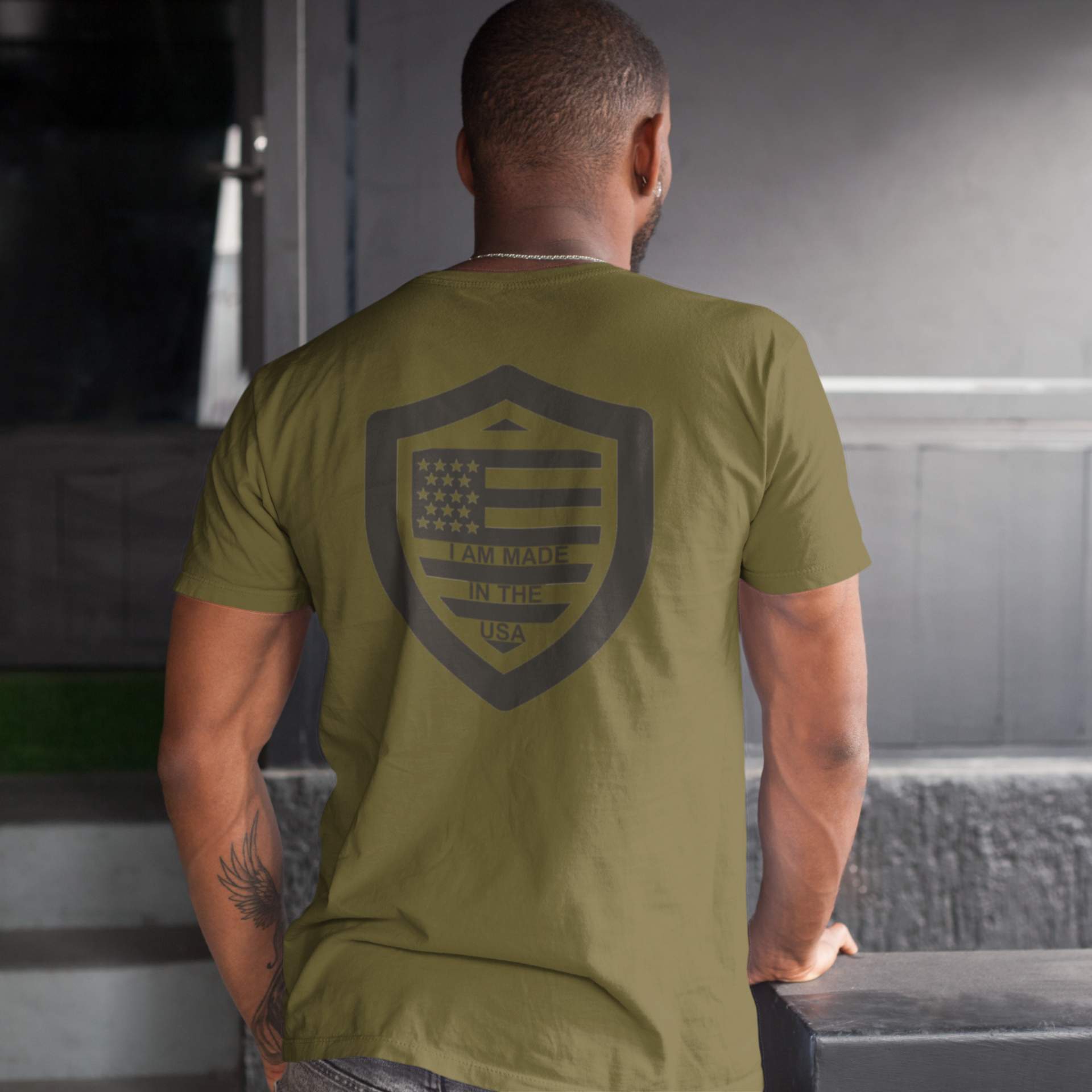 I Am Made In The USA Mens Short Sleeve - inside back military green
