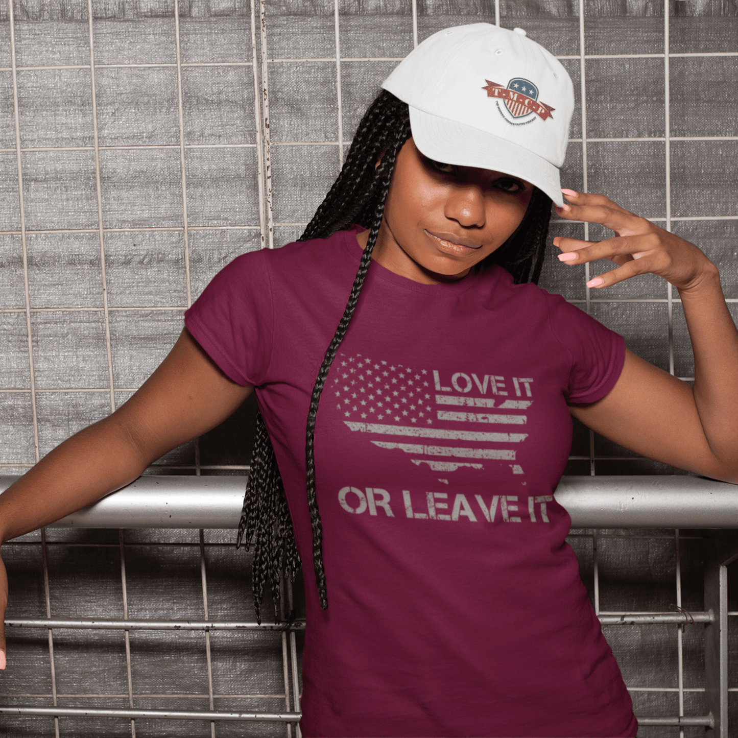 Love It Or Leave It Women's Short Sleeve T-Shirt with maroon hat front